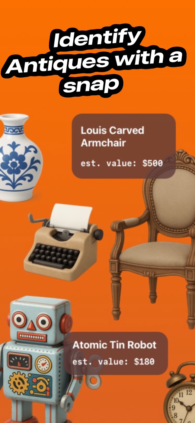Identify antiques with a snap, such as a carved armchair and a tin robot with estimated values