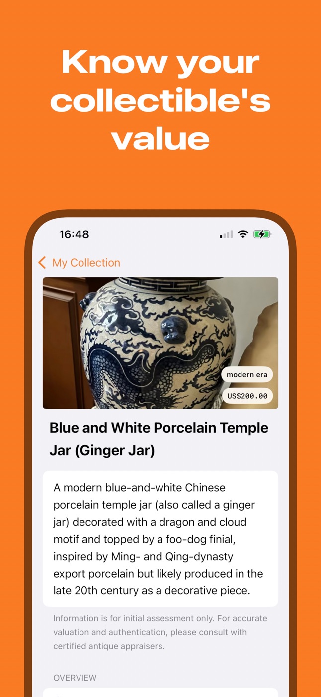 AI Antique showing a blue and white porcelain temple jar with its origin, time period, estimated price and rarity